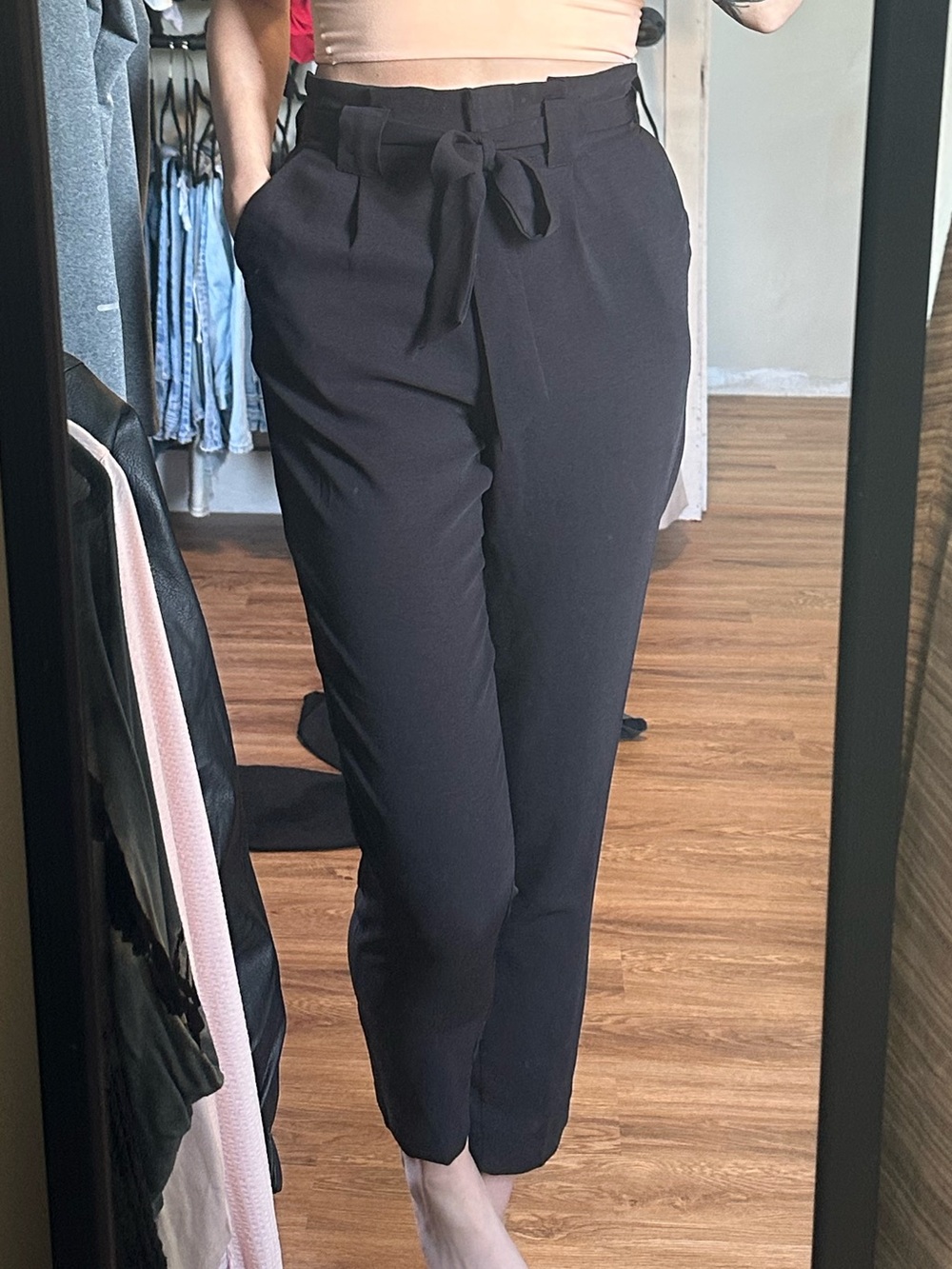 Black High-Waist Tie-Waist Paperbag Pants